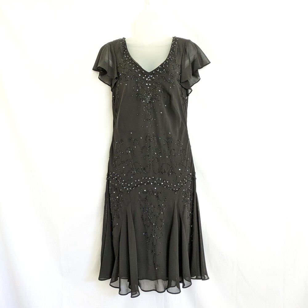 R&M Richards Black Beaded Sequin Flutter Sleeves Midi Dress Size M READ Vintage